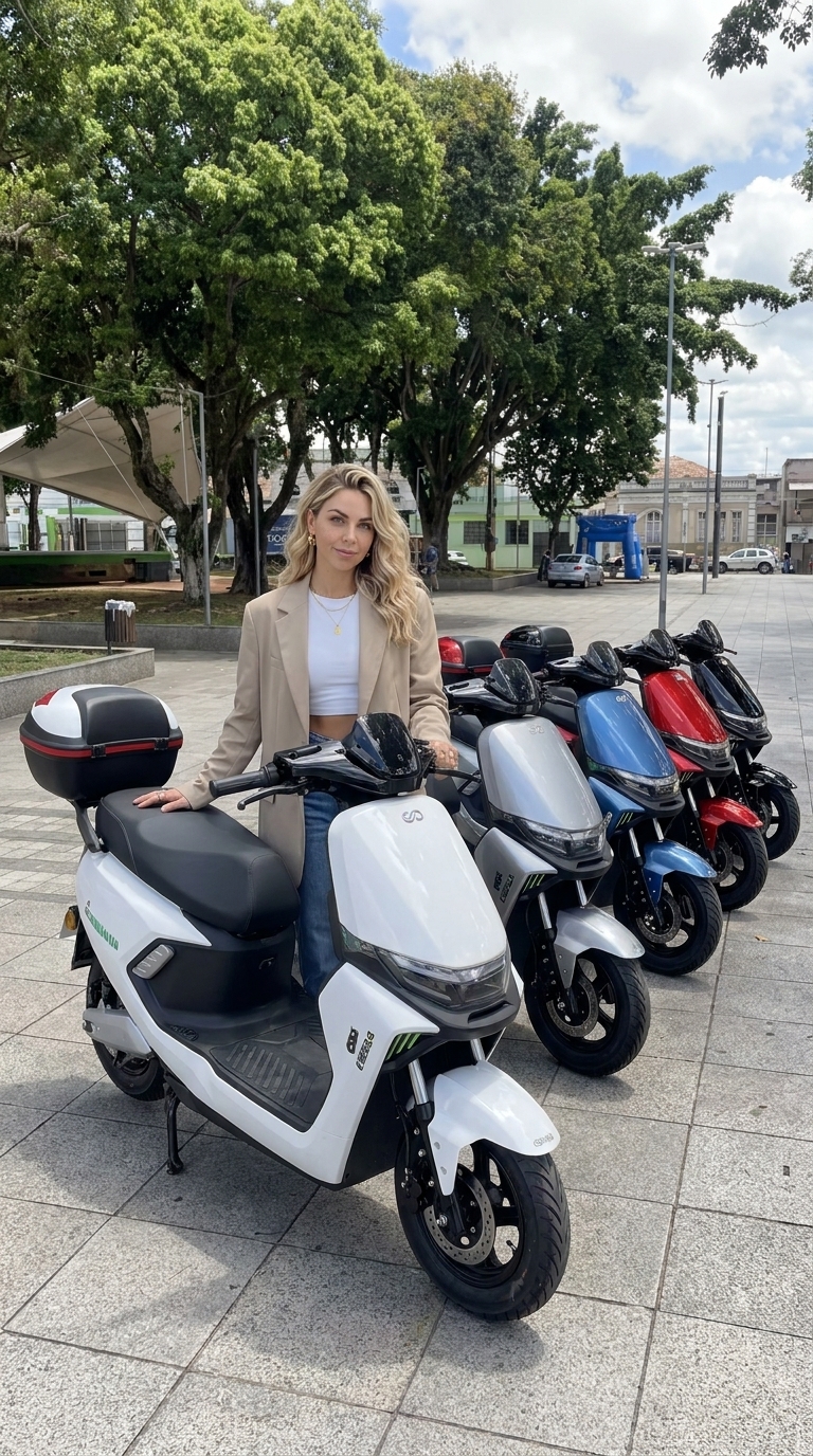Motos elétricas da Elton Motors enfileiradas na praça de Lorena