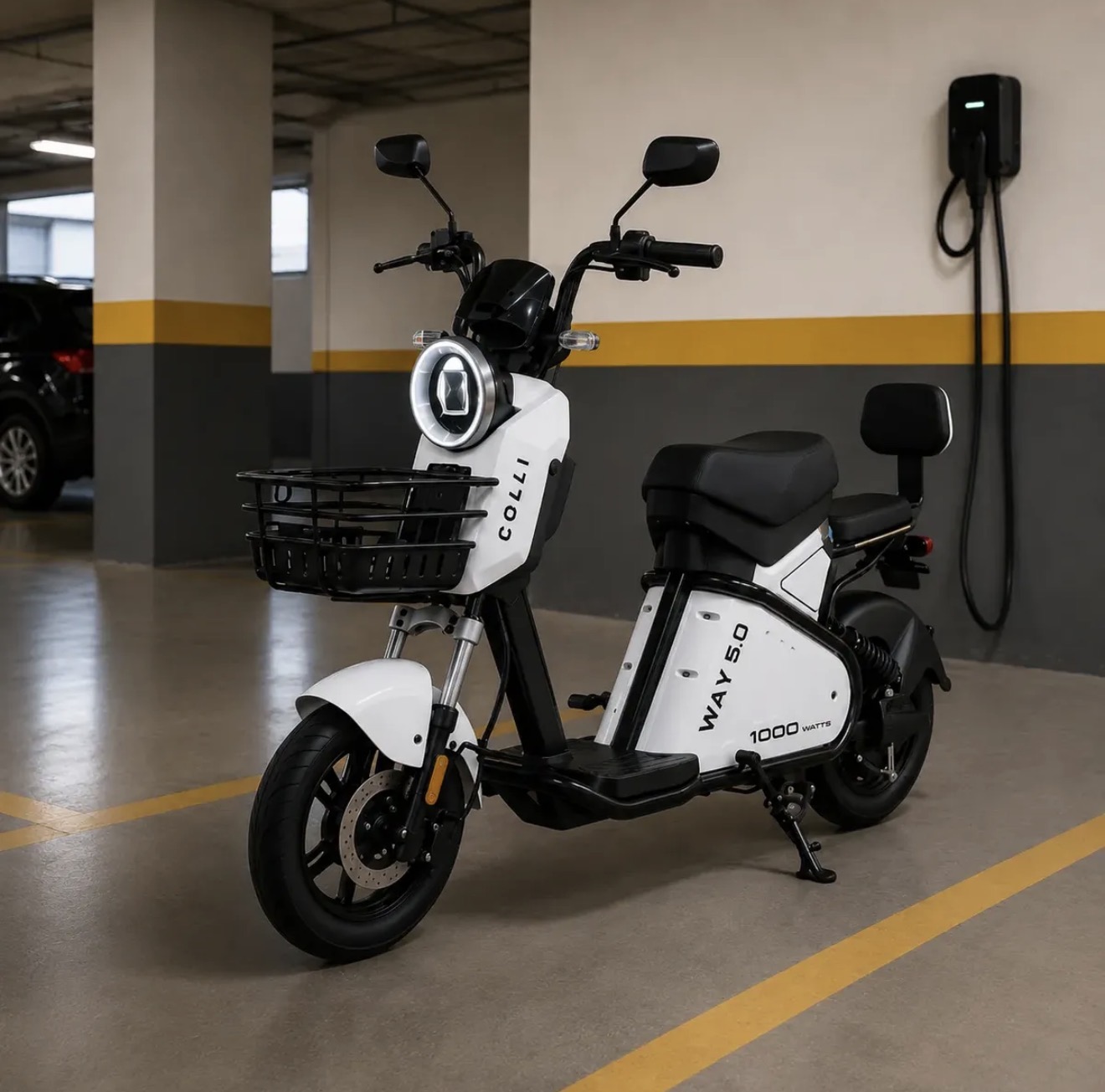 Moto elétrica carregando na tomada